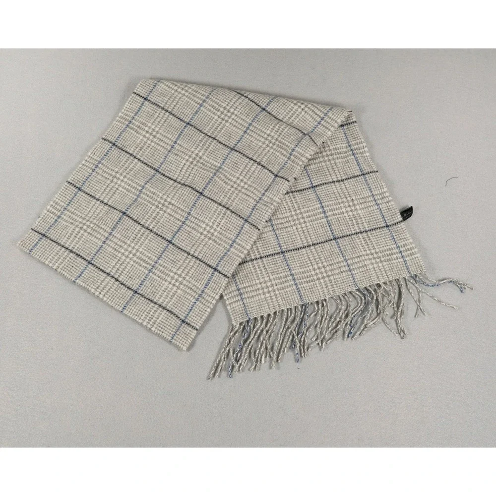 Enzo Mantovani Womens Mens Scarf 100% Cashmere Glen Plaid Fringe Grey Blue